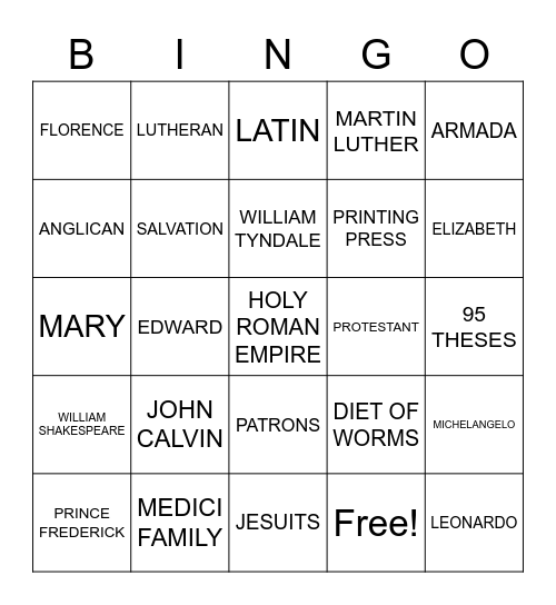 Renaissance/Reformation Bingo Card