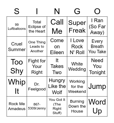 Hit's of the 80's Bingo Card