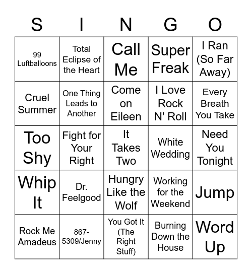 Hit's of the 80's Bingo Card