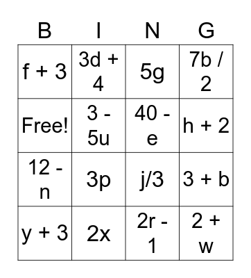 Algebra Expressions Bingo Card