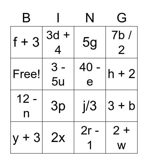 Algebra Expressions Bingo Card