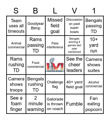 Super Bowl Drinking Bingo Card
