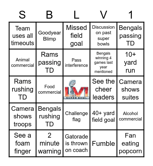 Super Bowl Drinking Bingo Card