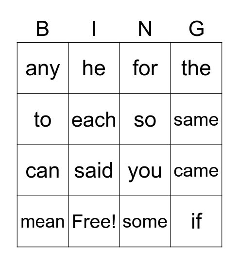 Sight Words Bingo Card