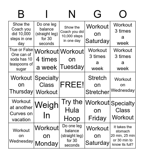 Curves West Hartford  Bingo Card