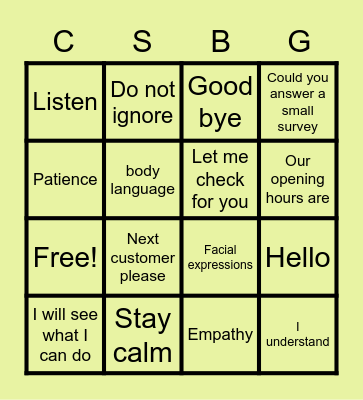 Customer service Bingo Card