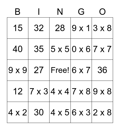 Multiplication BINGO Card