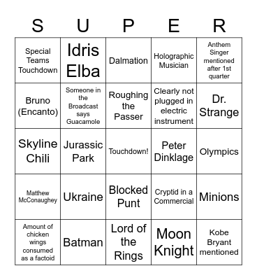 Super Bowl Watch List 2022 Bingo Card