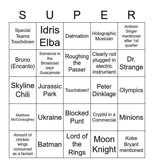 Super Bowl Watch List 2022 Bingo Card