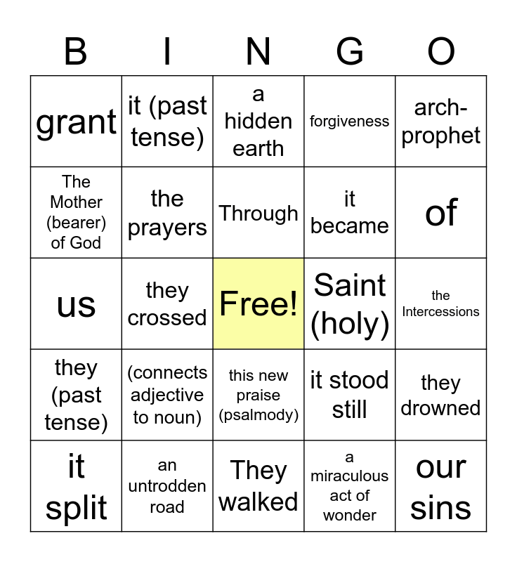 Definition Bingo Card