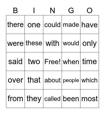 1st Grade Sight Words Bingo Card