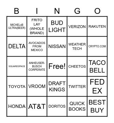 SUPER BOWL COMMERCIAL Bingo Card