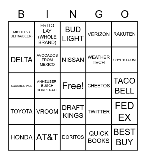 SUPER BOWL COMMERCIAL Bingo Card