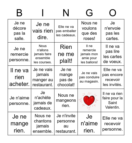 La négation - La Saint Valentin! Bingo Card