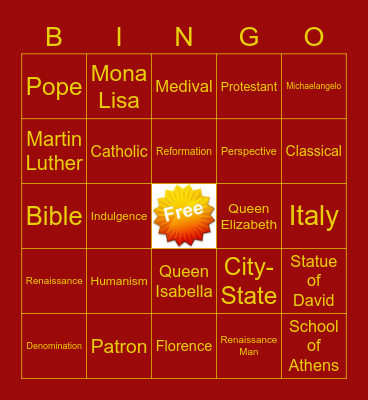 Renaissance Bingo Card