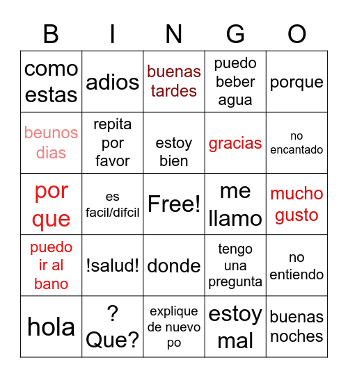 spanish Bingo Card