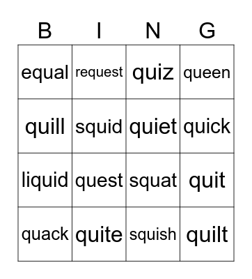 Phonics Digraphs- QU Bingo Card