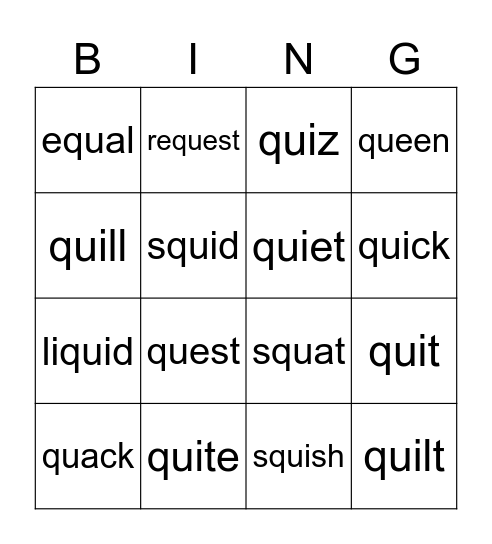 Phonics Digraphs- QU Bingo Card