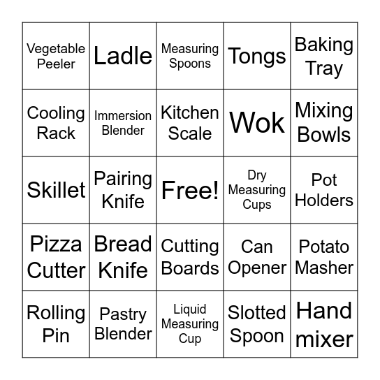 Kitchen toos Bingo Card