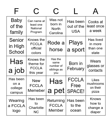 FCCLA Ice Breaker Bingo Card