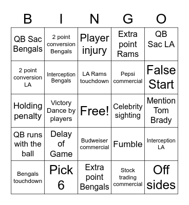 Super Bowl LVI Bingo Card