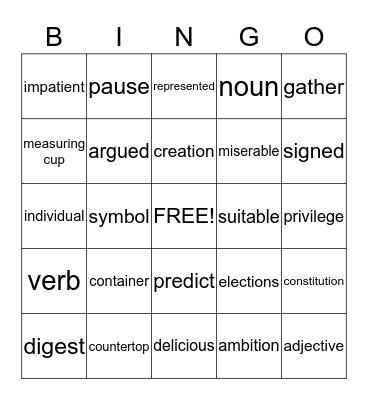 Vocabulary Bingo Card