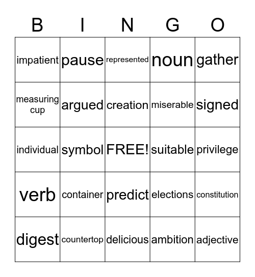 Vocabulary Bingo Card