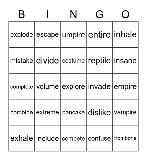 2 Syllable- Silent e words Bingo Card