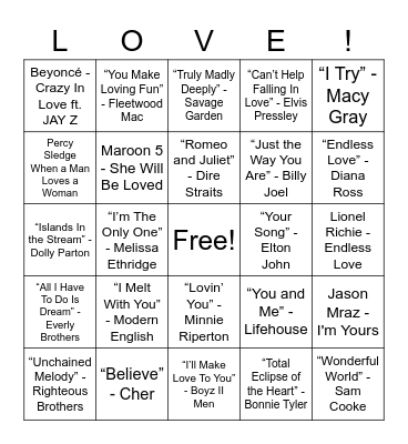 Love Songs Bingo Card