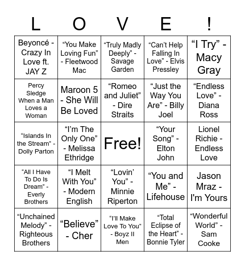 Love Songs Bingo Card