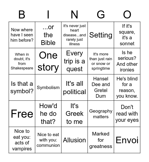 How to Read Literature Like a Professor Bingo Card