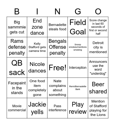 Superbowl 2022 Bingo Card