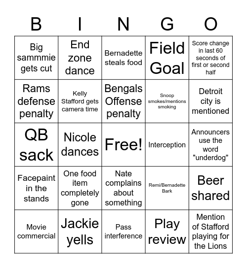 Superbowl 2022 Bingo Card