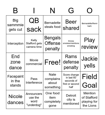 Superbowl 2022 Bingo Card