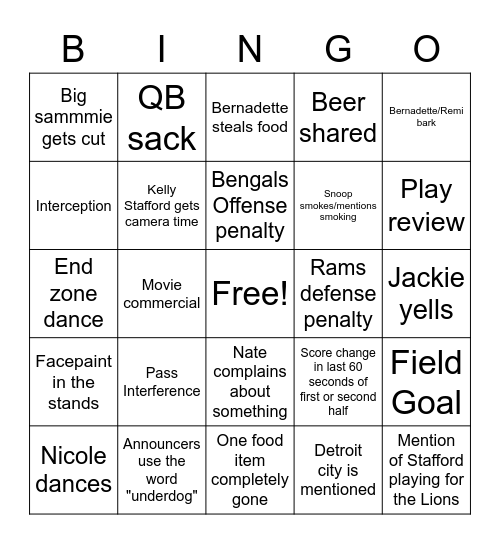 Superbowl 2022 Bingo Card