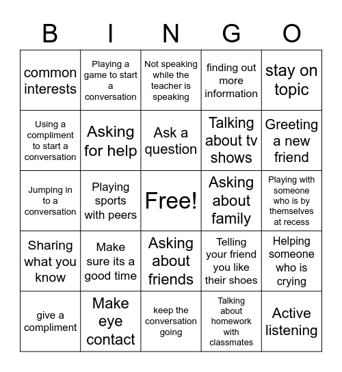 Conversation Skills Bingo Card