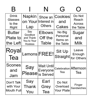 Tea and Manners Bingo Card