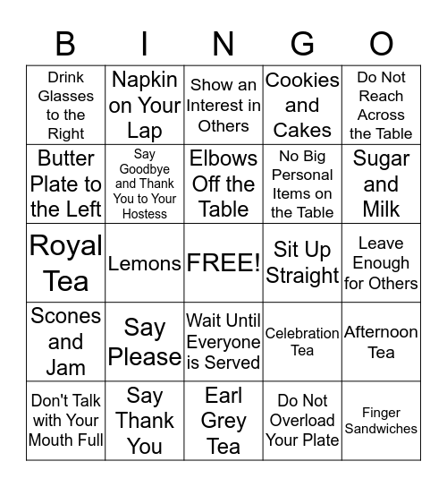 Tea and Manners Bingo Card