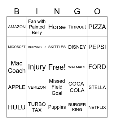 Super Bowl Bingo Card