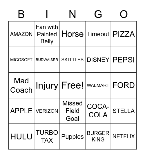 Super Bowl Bingo Card