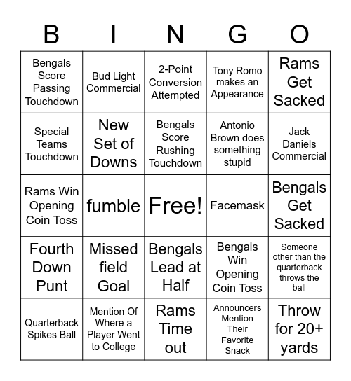 Superbowl 61 - RAMS vs. BENGALS Bingo Card