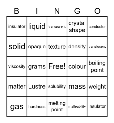 Physical Properties Bingo Card