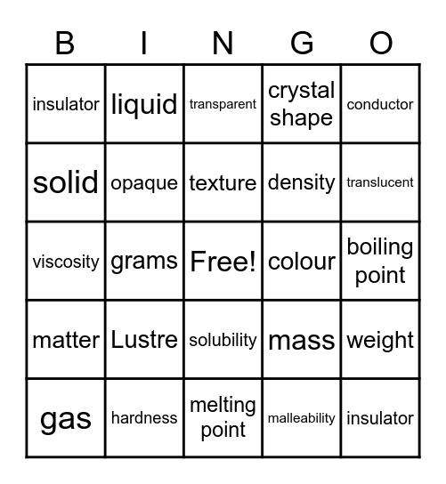 Physical Properties Bingo Card