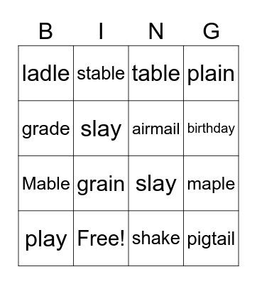 Long A Words Bingo Card