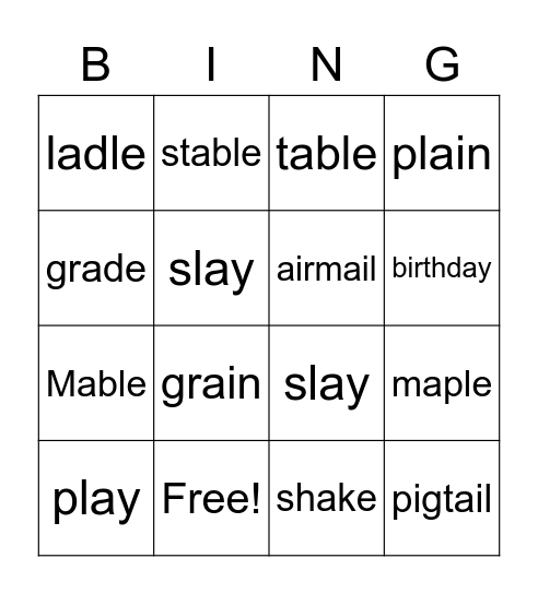 Long A Words Bingo Card