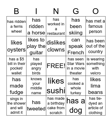 Family Bingo Card