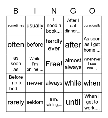 Frequency adverbs, time clauses and factual "if" clauses Bingo Card