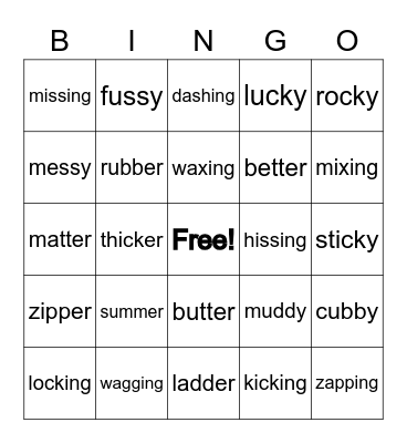 Words With Endings Bingo Card