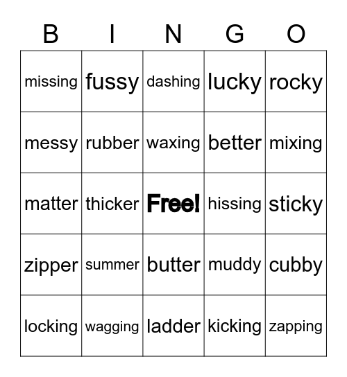 Words With Endings Bingo Card