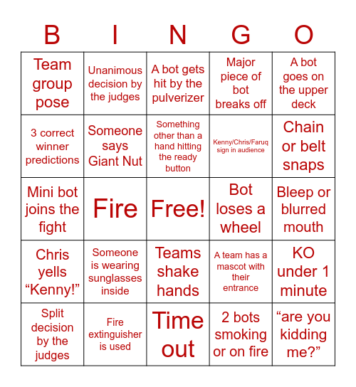 Battle Bots Bingo Card